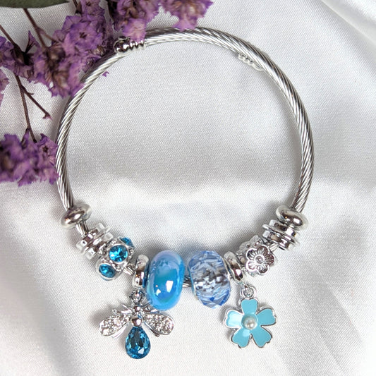 Blue Flower and Bee Charm Bracelet