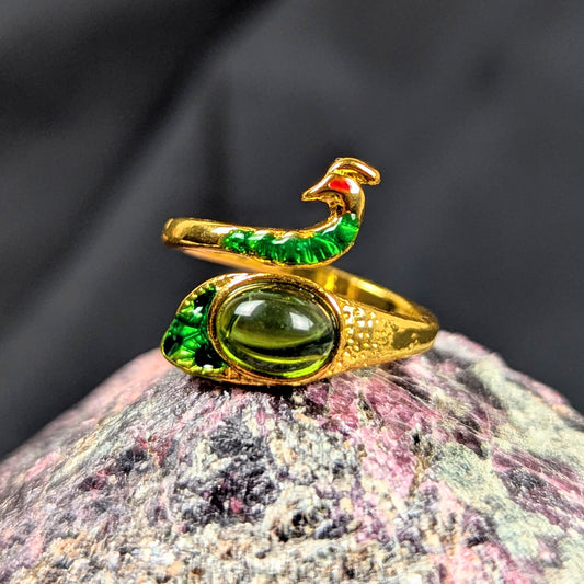 Silver Plated Adjustable Gold Peacock - Green Ring