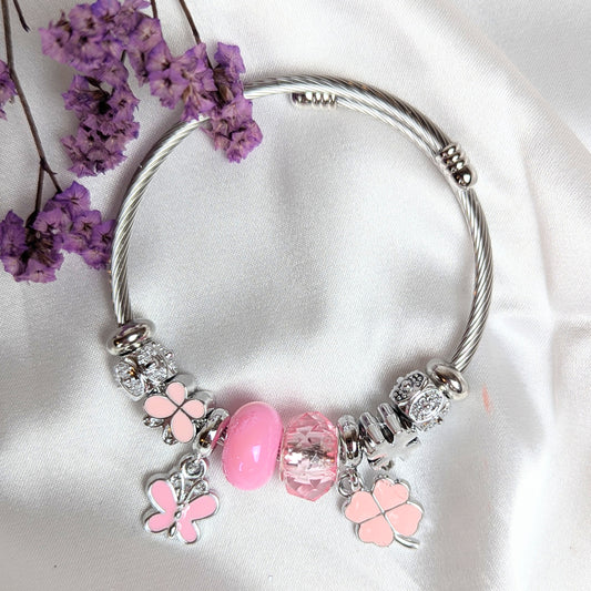 Pink Enamel Butterfly and Clover Charm Bracelet