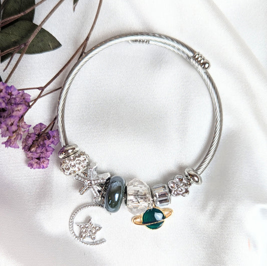 Green Planet with Moon Charm Bracelet