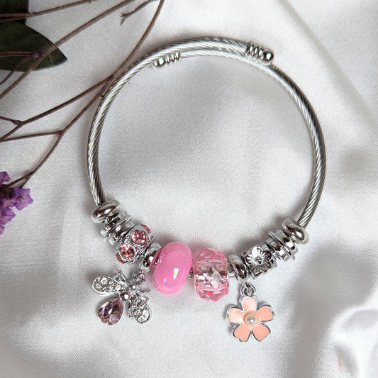 Pink Flower and Bee Charm Bracelet