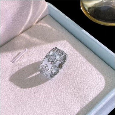 Silver Beaded Clover Ring