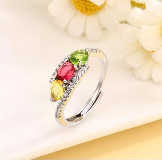 Triple Zircon Colourful Silver Adjustable Ring