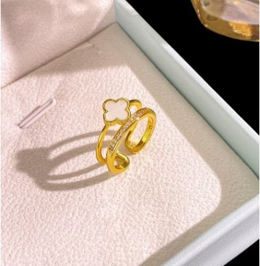Gold Enamel White Clover Ring