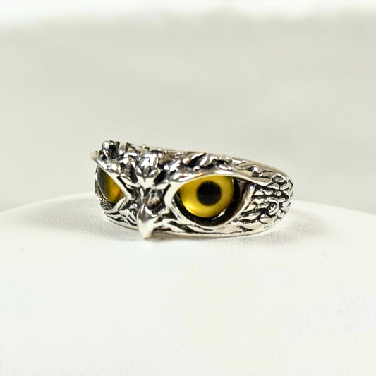 Silver Owl Ring with Yellow Eyes