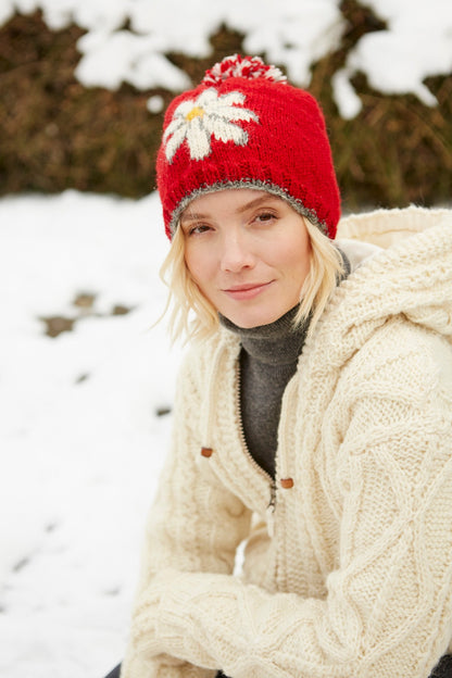 Daisy Bobble Beanie - Red