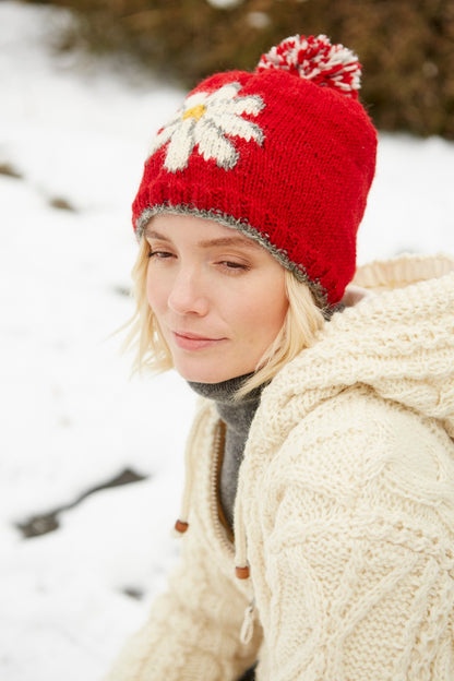 Daisy Bobble Beanie - Red